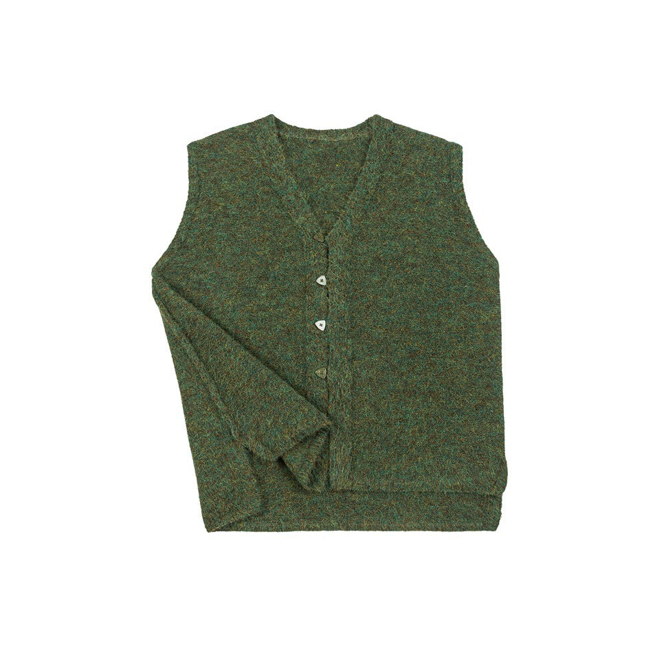 Front view of a mottled green-brown sleeveless knit vest with a V-neck and four buttons, laid flat.