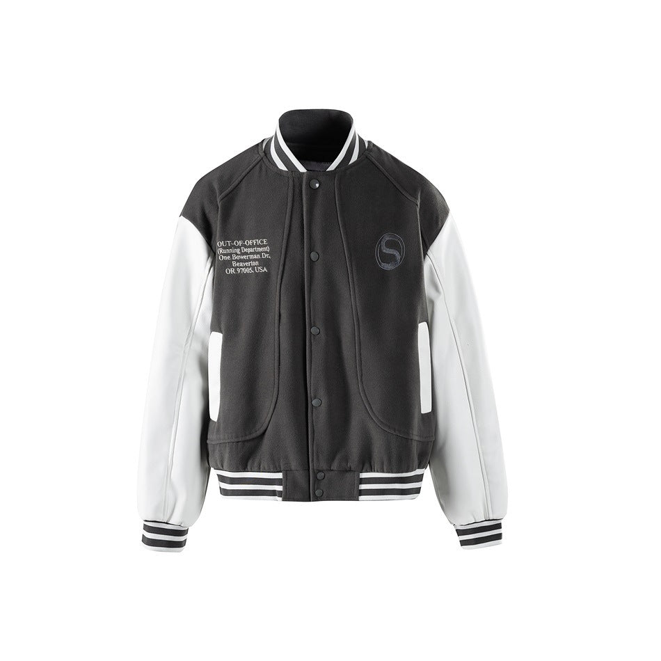 Gray varsity jacket with white sleeves, striped ribbed trim, snap front and embroidered emblem, flat front view