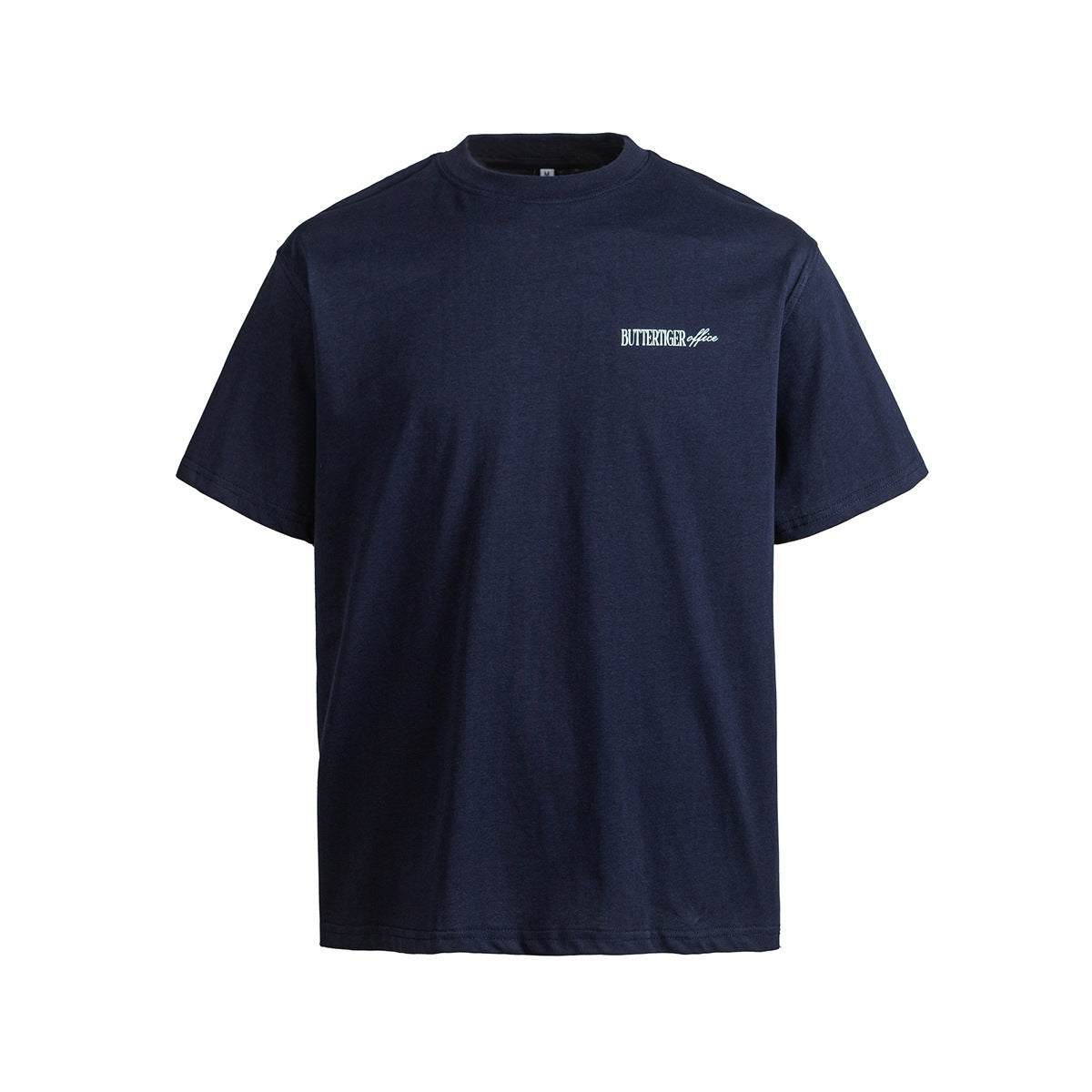 Front view of a navy short-sleeve crew-neck T-shirt with a small white lettering print on the left chest