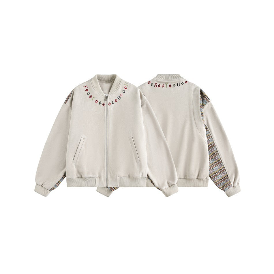 Ivory zip-front jacket shown from front and back, with embroidered collar details and multicolor geometric-patterned sleeves.