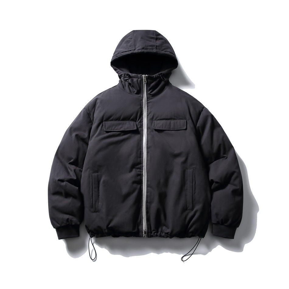 Black hooded padded jacket flat lay, front view with zipper, chest flap pockets and drawstring hem