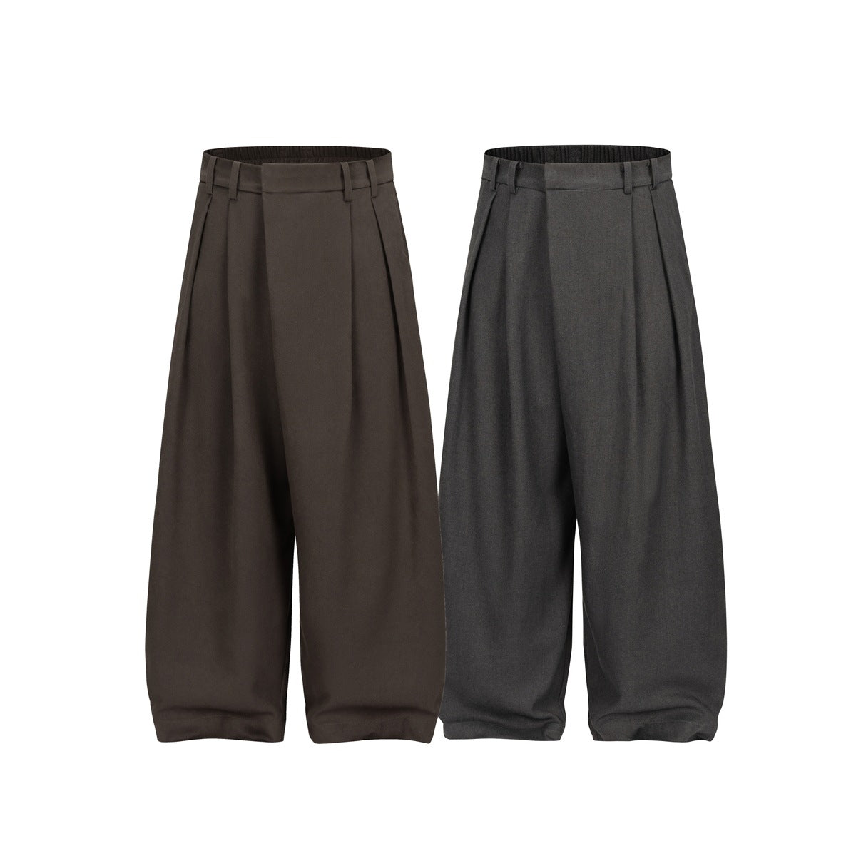 Two pairs of wide-leg pleated trousers shown from the front in dark brown and charcoal gray.