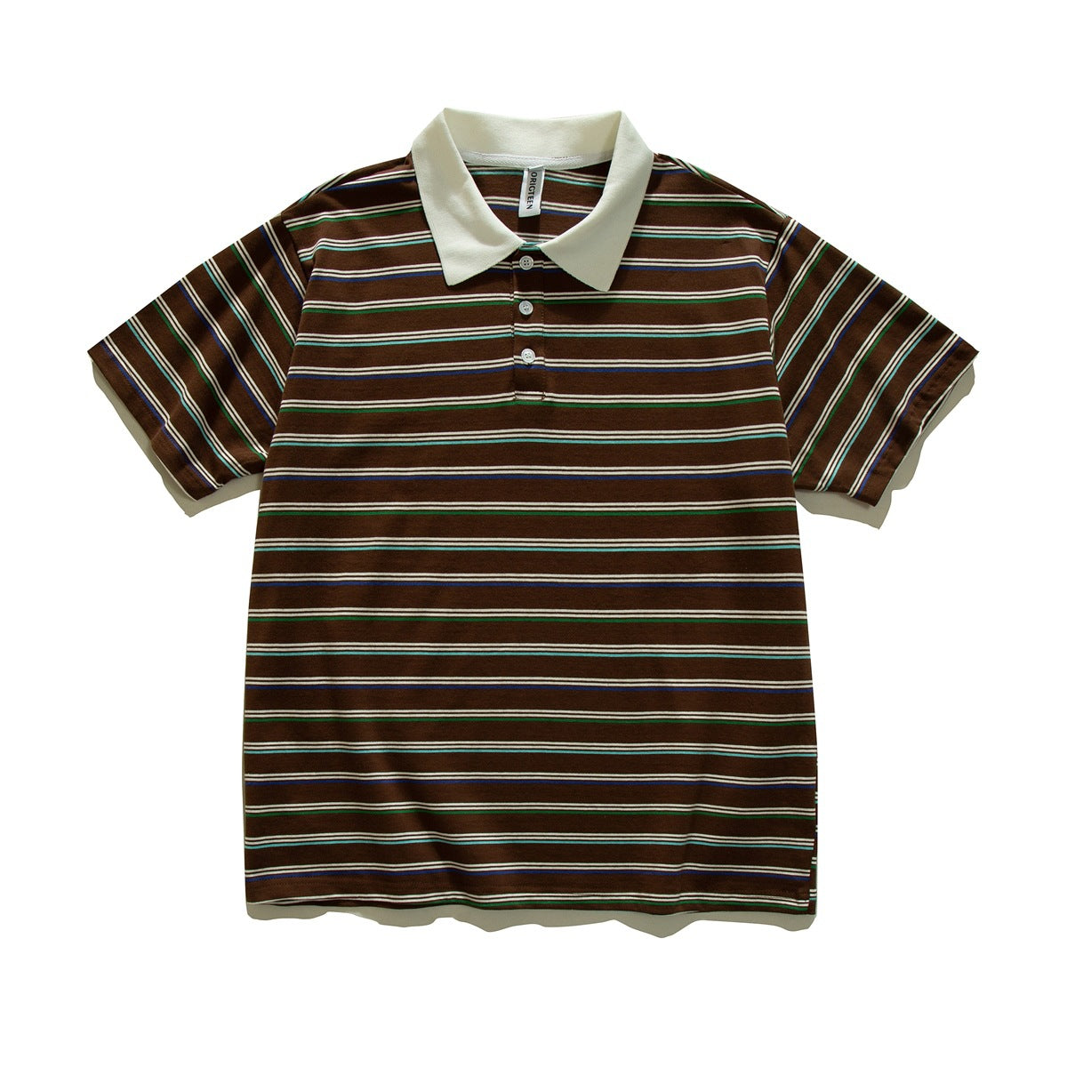 Brown polo shirt with multicolor horizontal stripes, cream collar and three buttons, flat lay front view