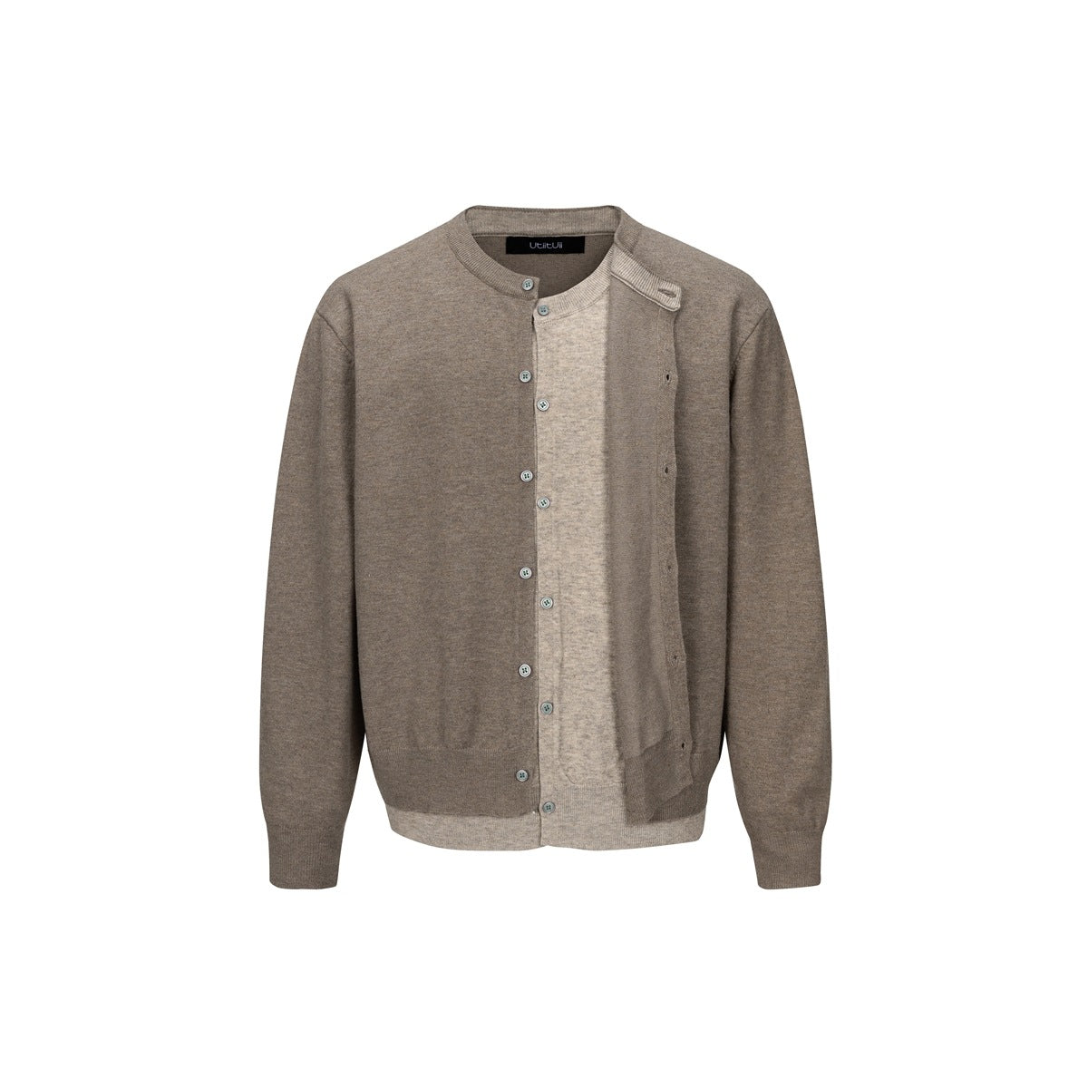 Coffee brown knit cardigan with beige inner layer, round neck, button front and ribbed cuffs, flat front view