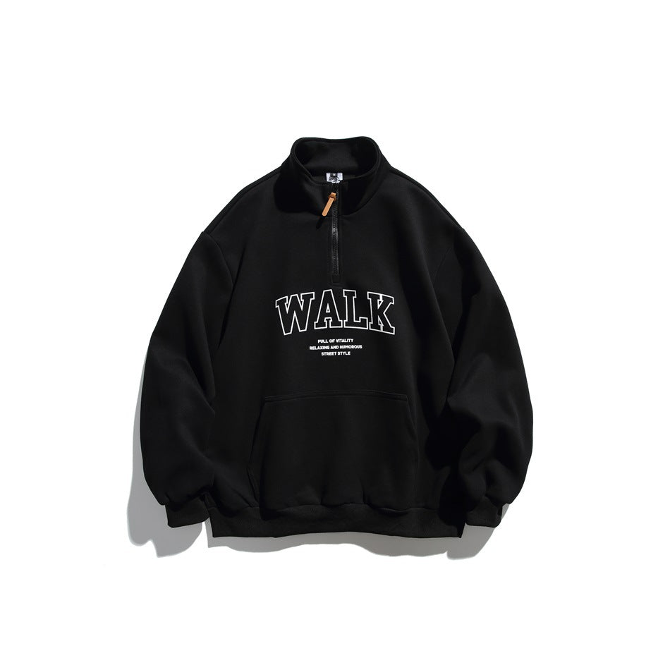 Black half-zip stand-collar sweatshirt with white outlined WALK print and front pouch pocket