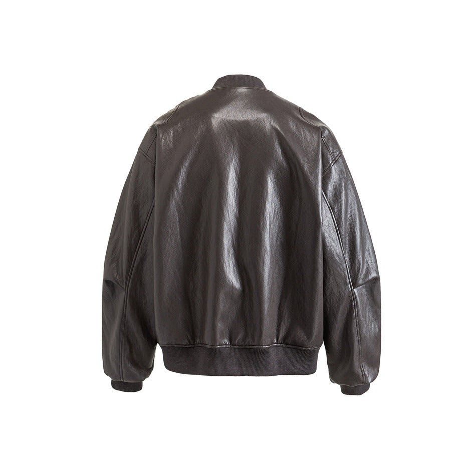 Back view of a dark brown jacket with long sleeves and dark ribbed collar, cuffs and hem.