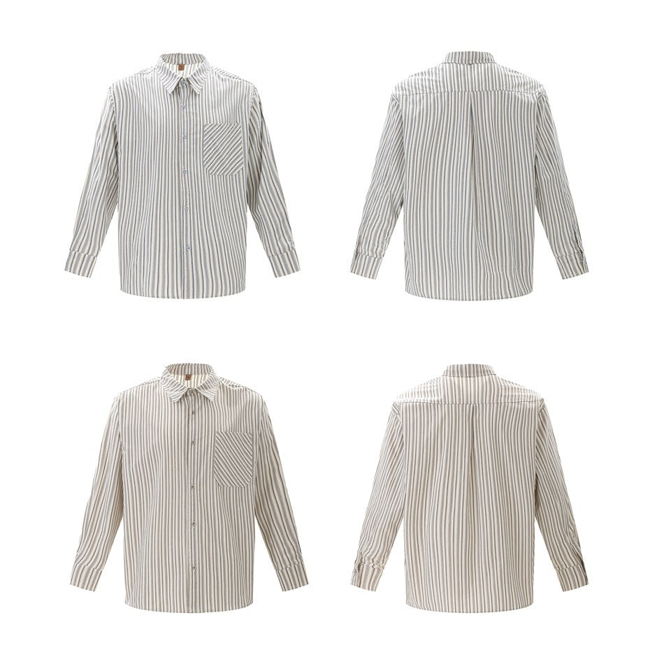 Four flat-lay views show front and back of striped button-up shirts in blue-gray and taupe colorways.