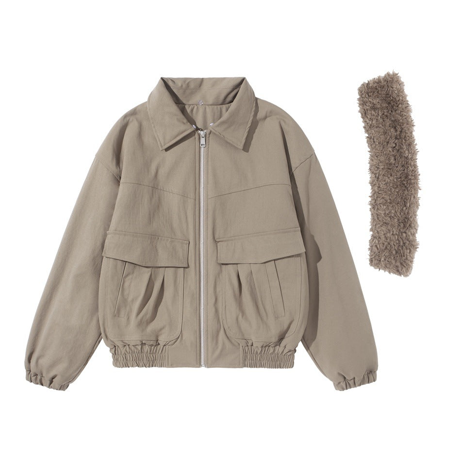 Khaki zip jacket with plain fabric collar shown beside a separate fluffy fleece-like collar piece, flat lay