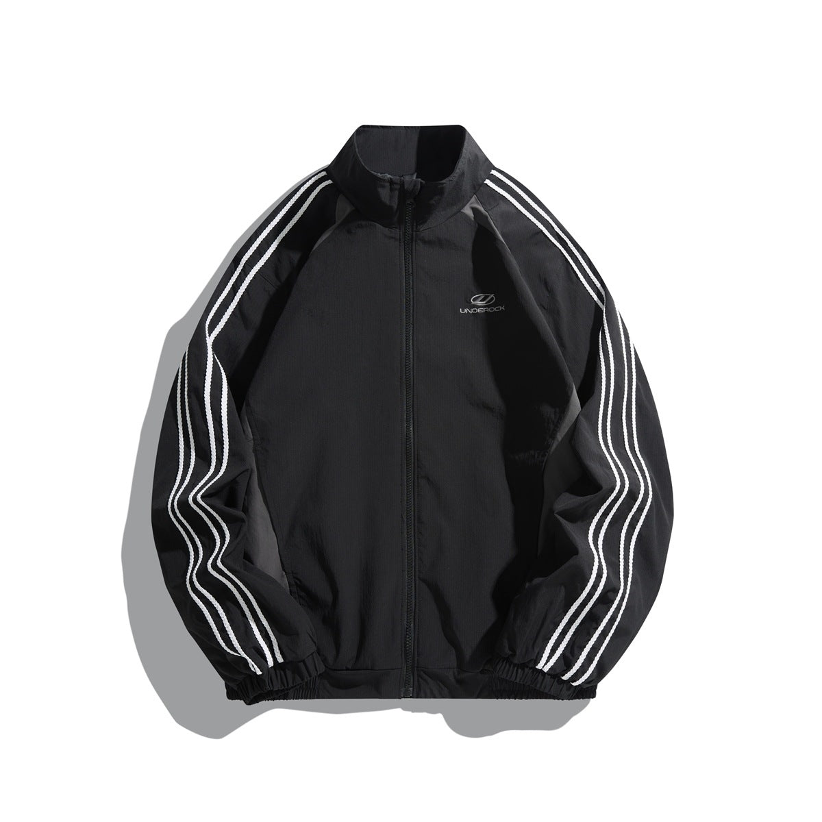 Black stand-collar zip track jacket with three white stripes on each sleeve and elastic cuffs, flat lay front view