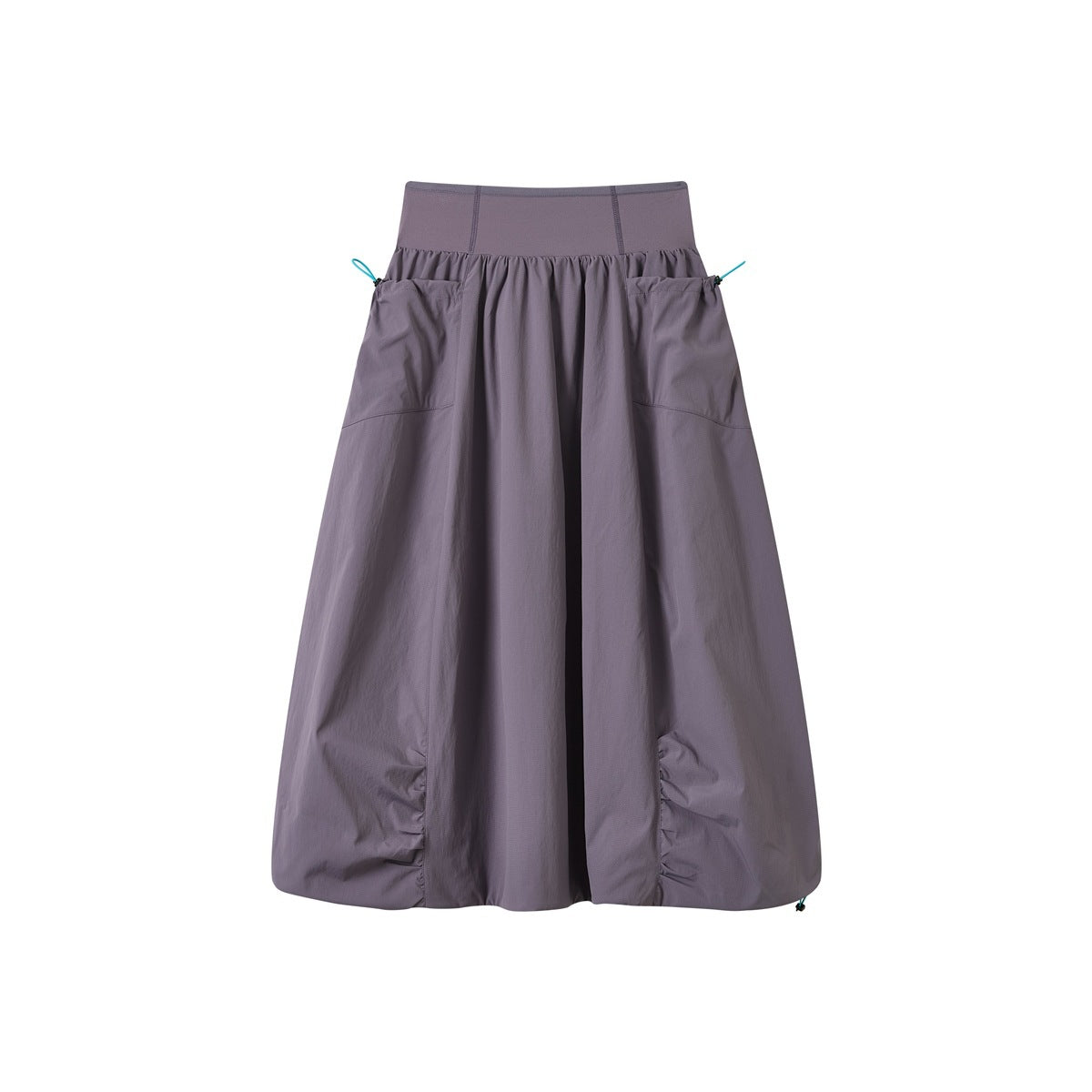 Purple balloon midi skirt with wide waistband, front pockets, teal drawstring toggles and ruched hem, flat view