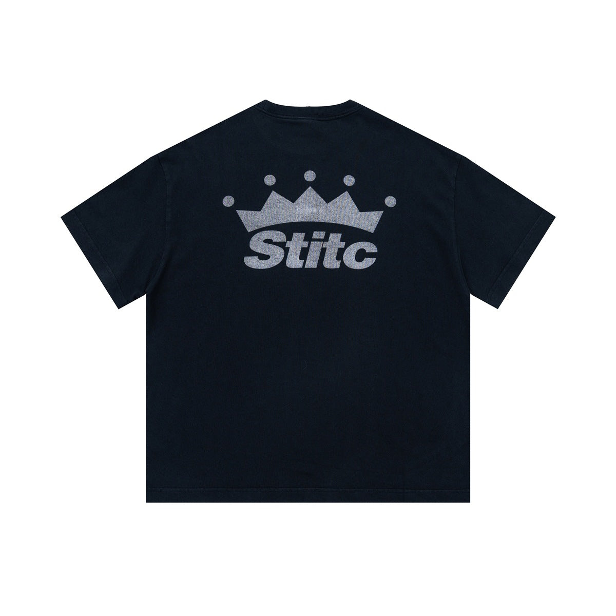 Back view of black short-sleeve T-shirt with large light gray crown graphic and wordmark print