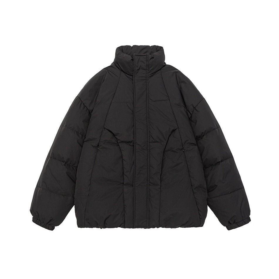 Black quilted puffer jacket with stand collar, front placket and elastic cuffs, flat front view
