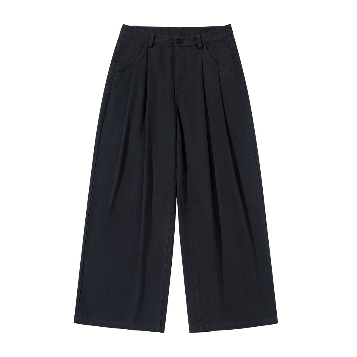 Black wide-leg pleated pants flat lay, front view, with button waist, belt loops and slanted front pockets