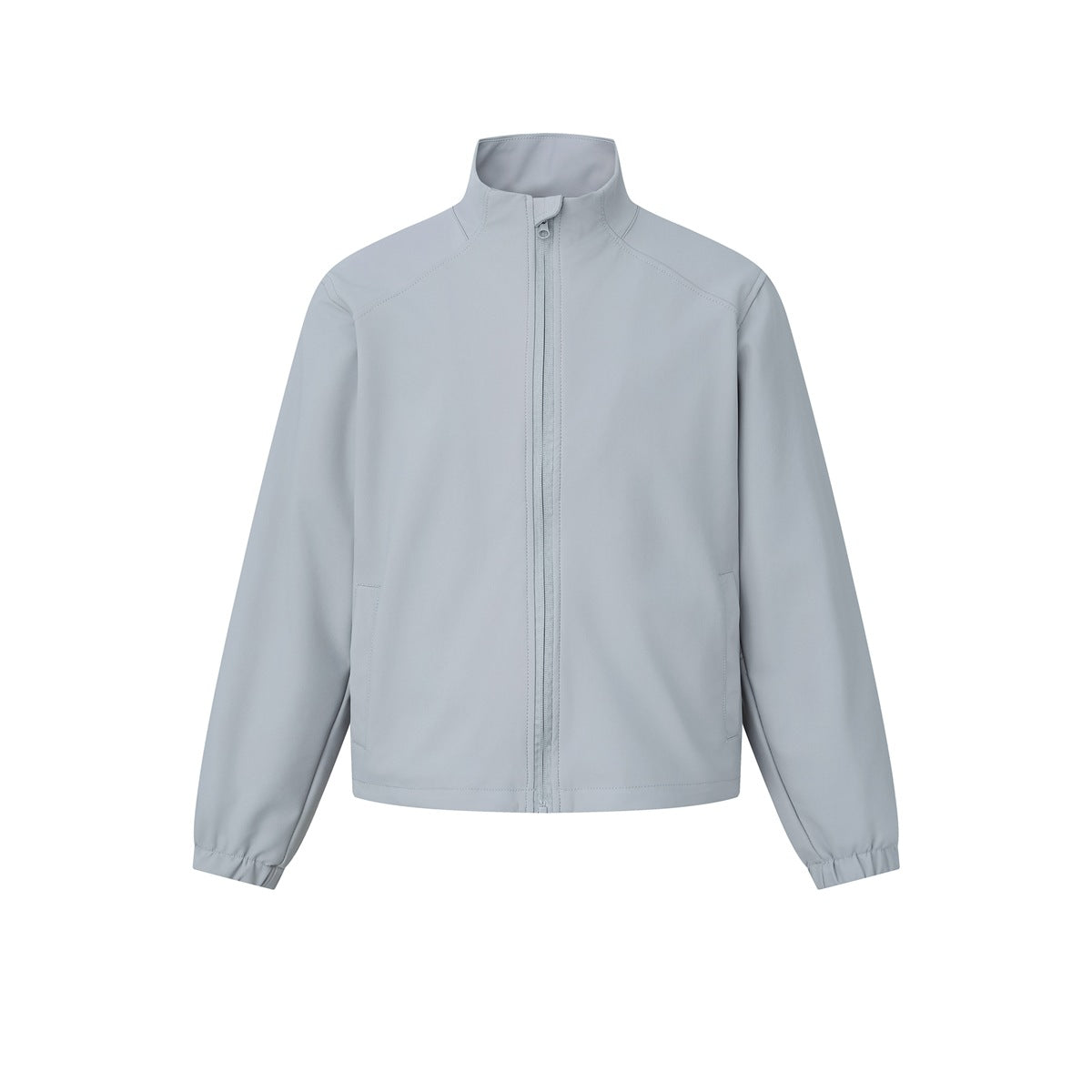 Light gray stand-collar full-zip jacket, flat front view with raglan sleeves and elasticized cuffs