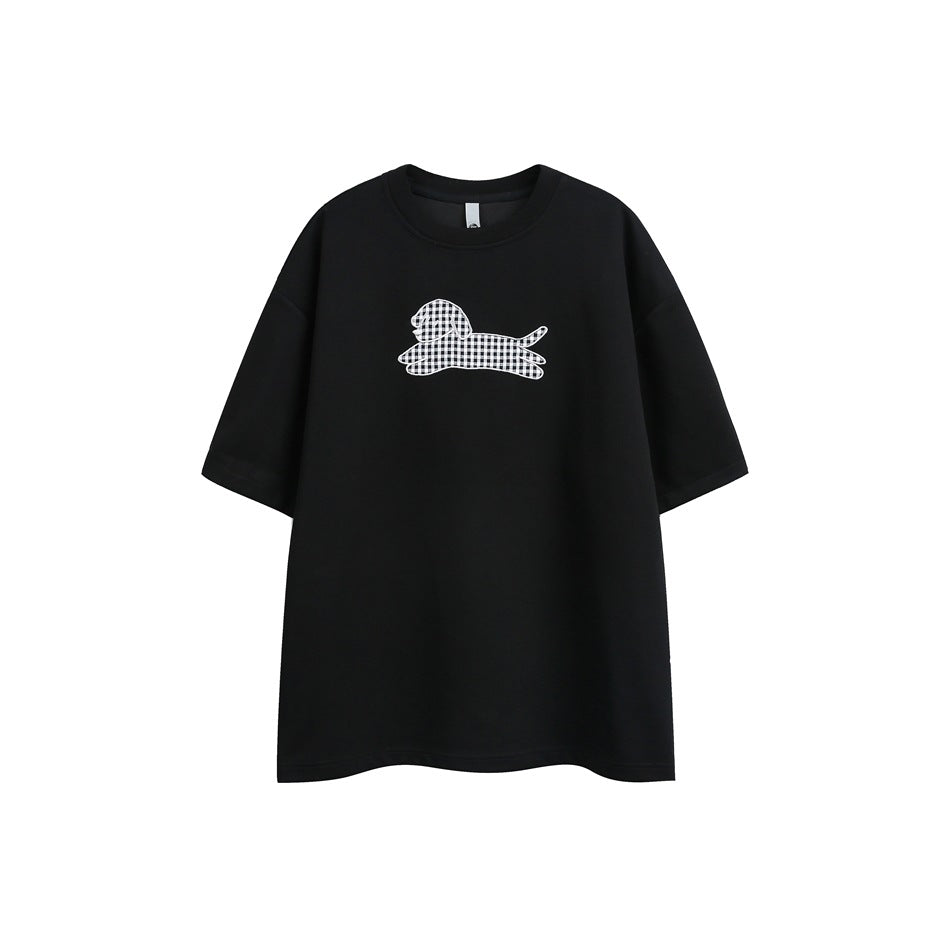 Black short-sleeve crew-neck T-shirt with black-and-white gingham running dog appliqué on the chest, flat front view