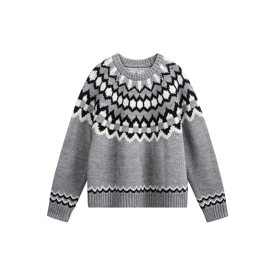 Gray Fair Isle-style knit crewneck sweater with black, white and light gray patterned yoke, flat front view