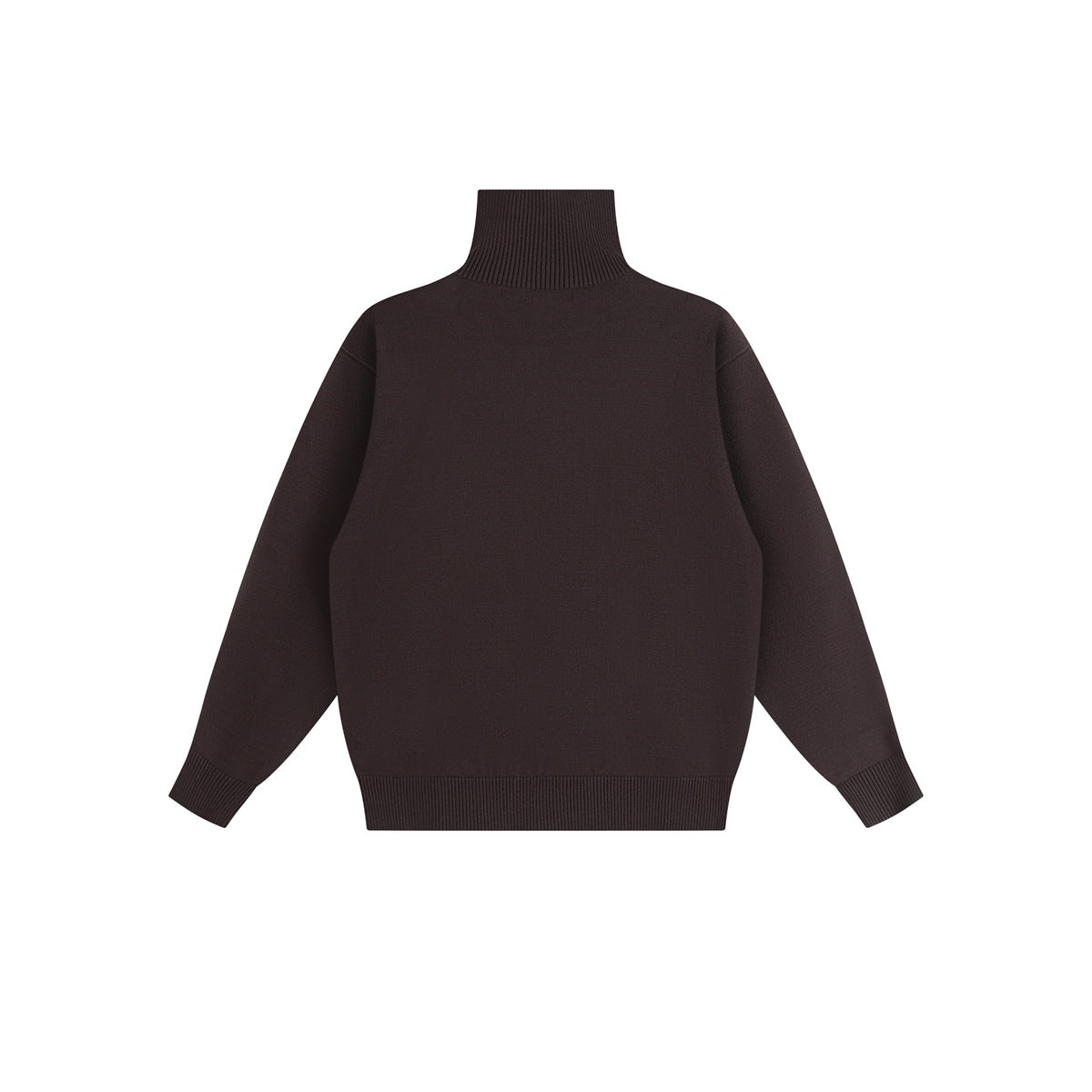 Dark brown knit turtleneck sweater with ribbed collar, cuffs and hem, shown flat on white