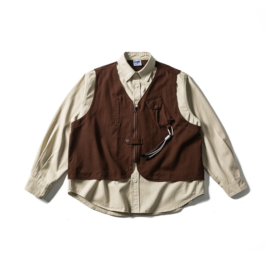 Khaki button-up shirt with a brown zip vest layer, snap chest pocket and carabiner cord, flat lay front view