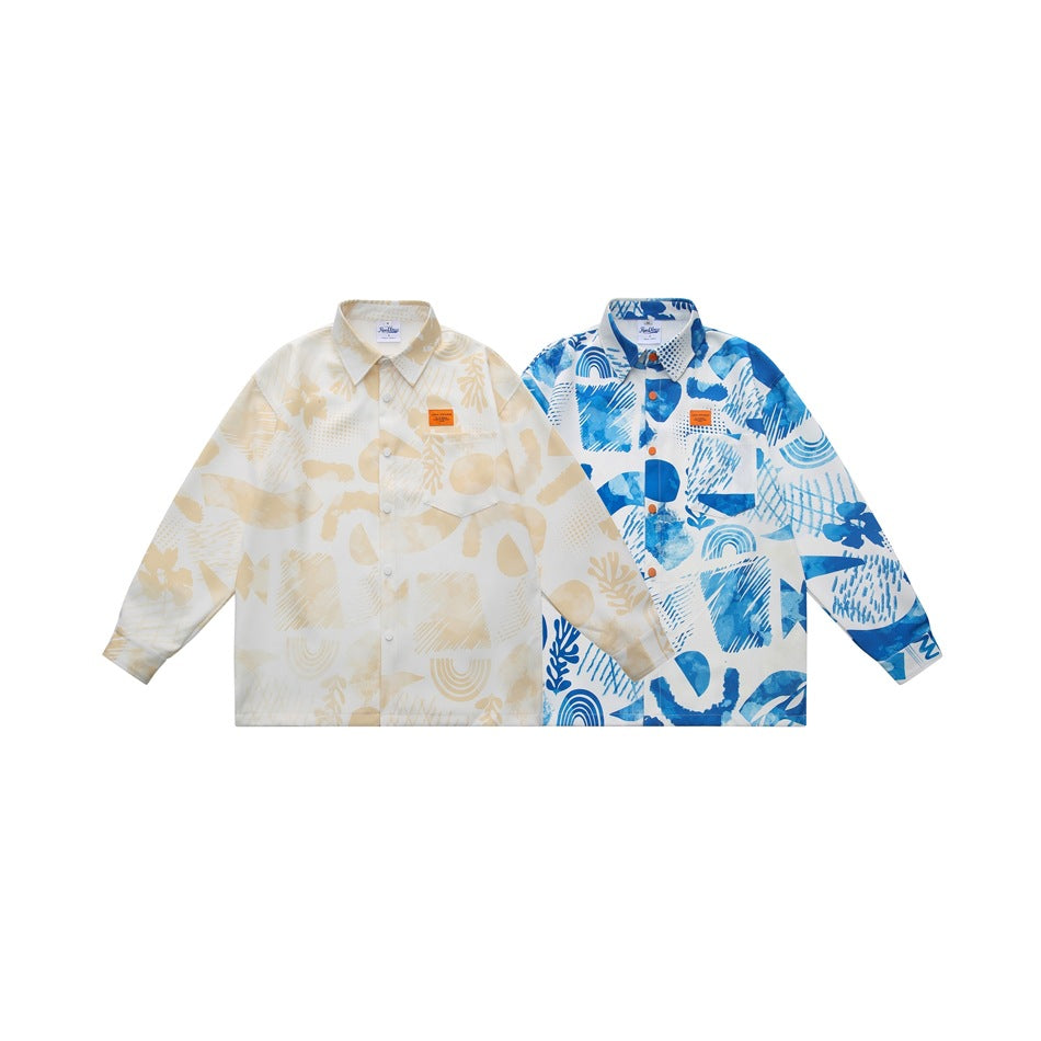 Two flat-lay button-up shirts with abstract prints: one cream and beige, the other blue and white.