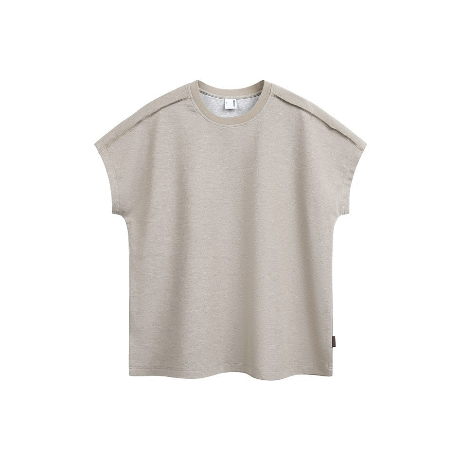 Oatmeal beige cap-sleeve crew-neck tee, front view, with shoulder seam detail and small brown side tag