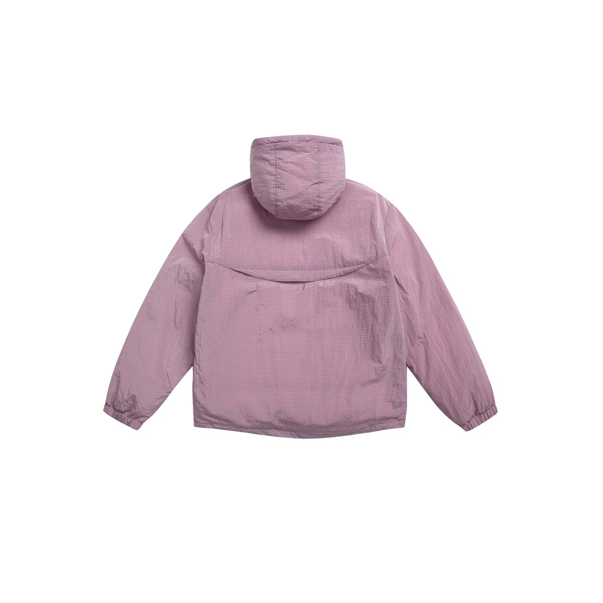 Back of a muted mauve grid-pattern hooded jacket, shown flat against a white background.