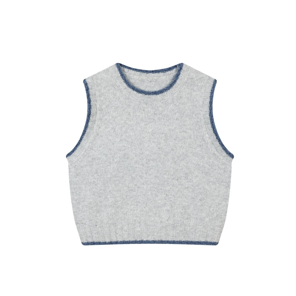 Light gray sleeveless knit vest with round neck and blue trim, front view on white background