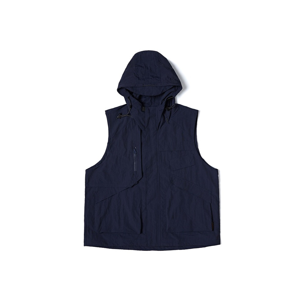 Navy blue hooded sleeveless utility vest, flat lay front view with zip chest pocket and large front pockets