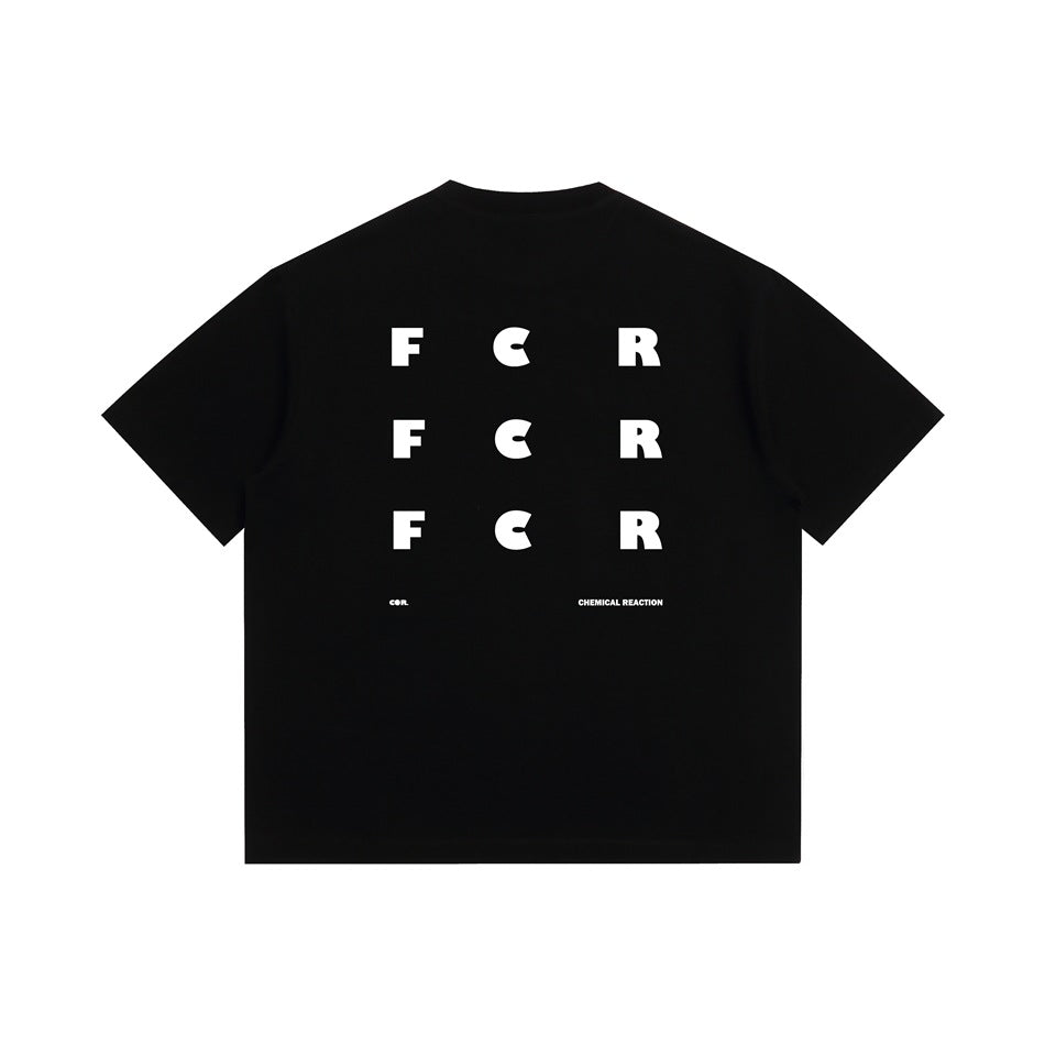 Black short-sleeve T-shirt back with a white 3x3 grid of F C R letters and small text below