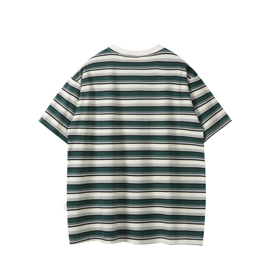 Back view of a dark green-and-ivory horizontally striped short-sleeve crew-neck T-shirt.