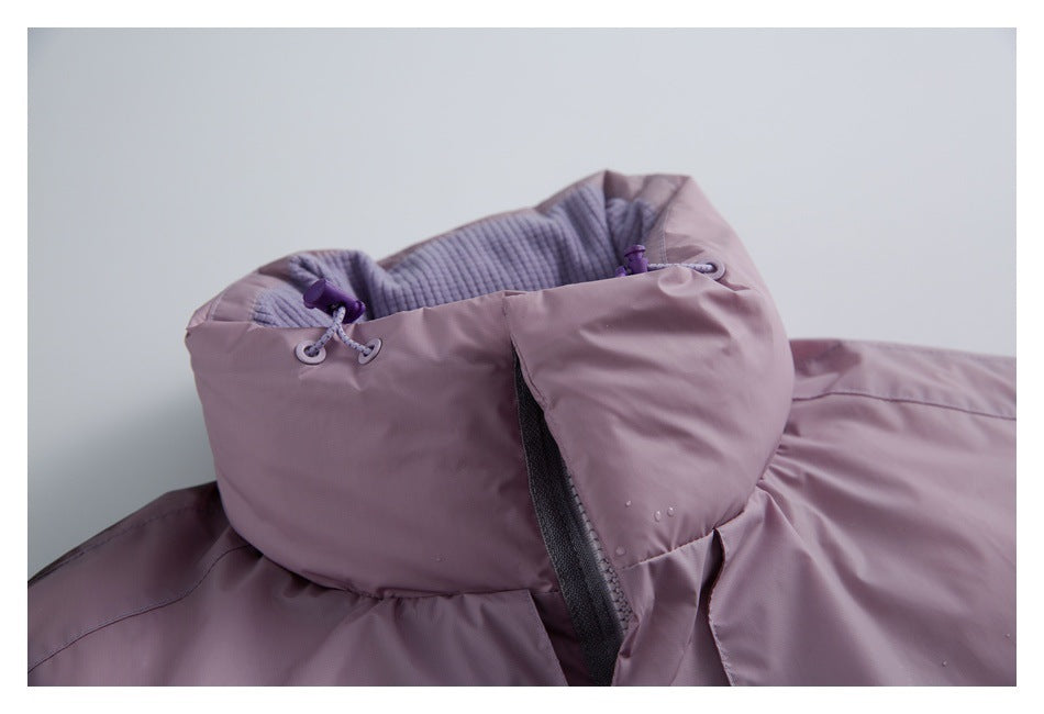 Close-up of a mauve jacket collar with a lavender lining, drawcords and front zipper.