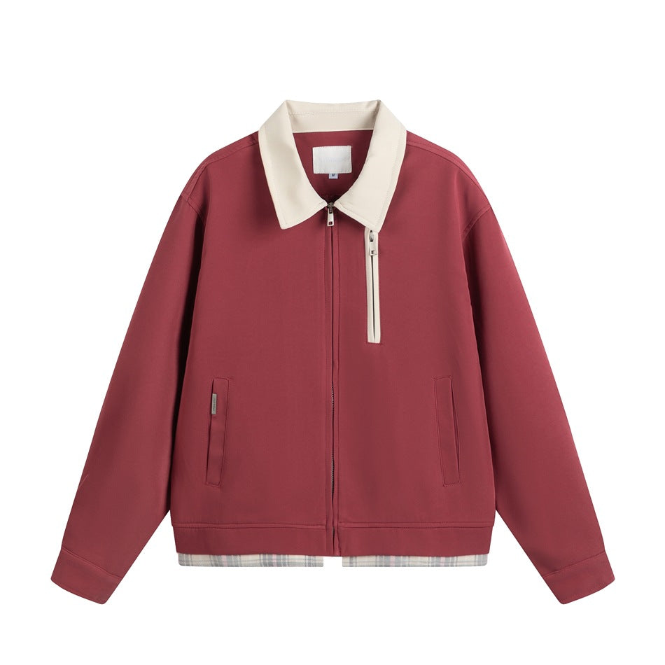 Red zip-front jacket with cream collar, cream diagonal chest zip pocket and plaid-look hem trim, flat view