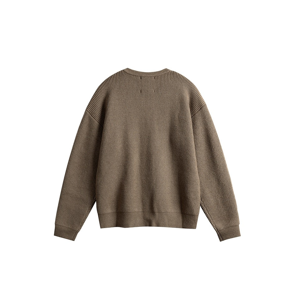 Back view of a taupe-brown ribbed cardigan with long sleeves and a crew neckline.