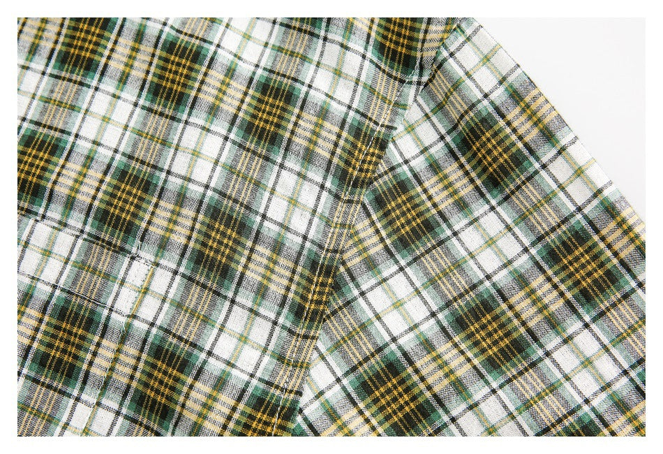 Close-up of the plaid shirt's shoulder seam and sleeve construction.