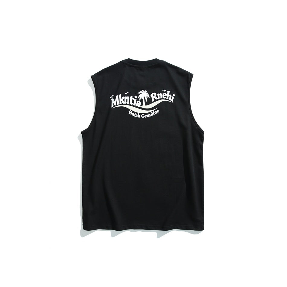 Black sleeveless crew-neck tank top, back view with white palm tree and wave graphic print