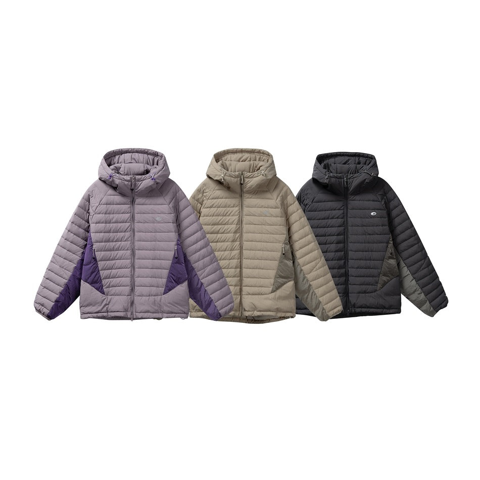 Three hooded quilted jackets shown from the front in lavender with purple panels, taupe and black.