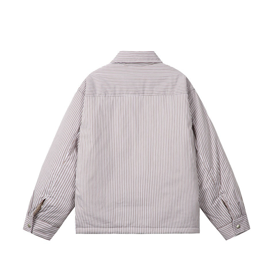 Back view of brown and white striped padded shirt jacket with yoke seam and snap cuffs