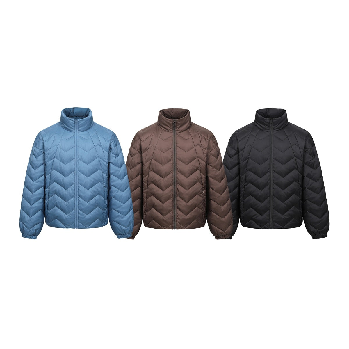 Three front views of a chevron-quilted jacket with stand collars in blue, brown, and black.