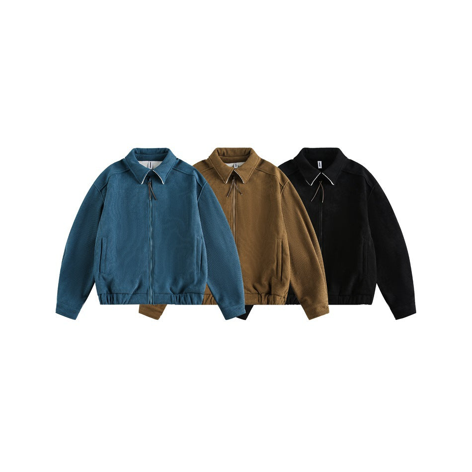 Three front-facing zip jackets with wide collars in blue, brown, and black.
