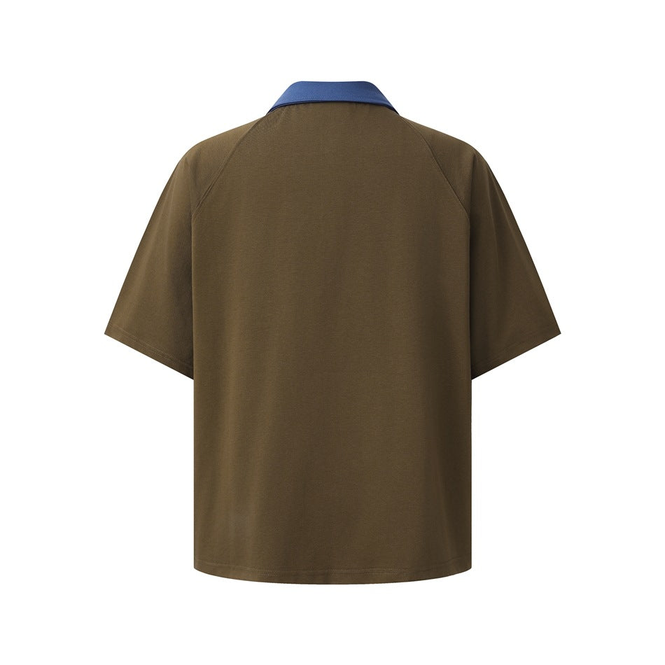 Back view of an olive-brown short-sleeve polo shirt with a blue collar.