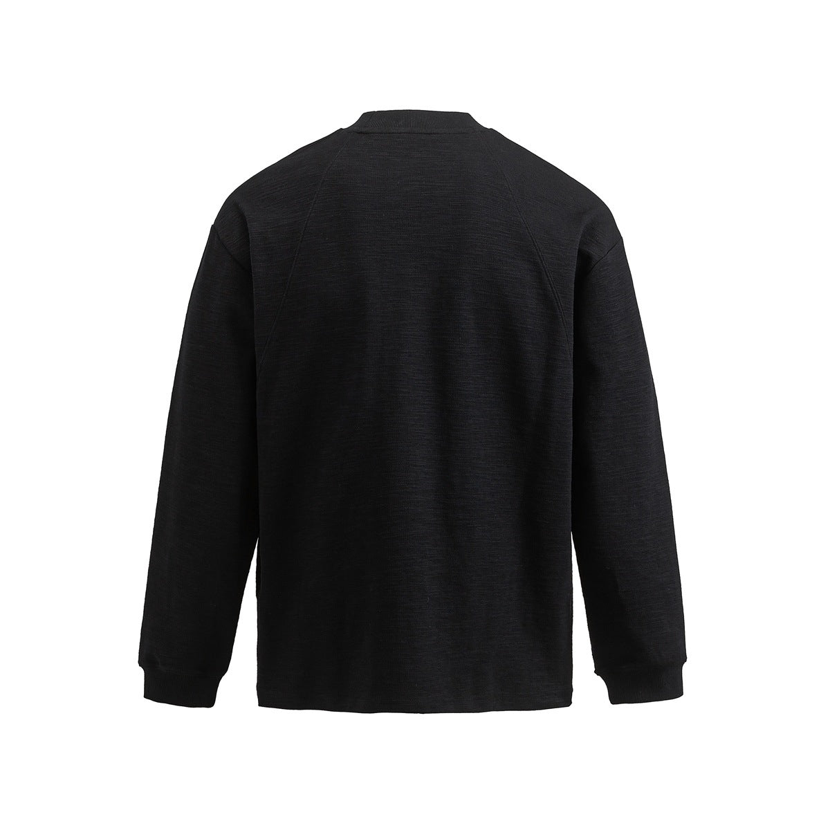 Back view of a plain black long-sleeve crewneck sweatshirt.
