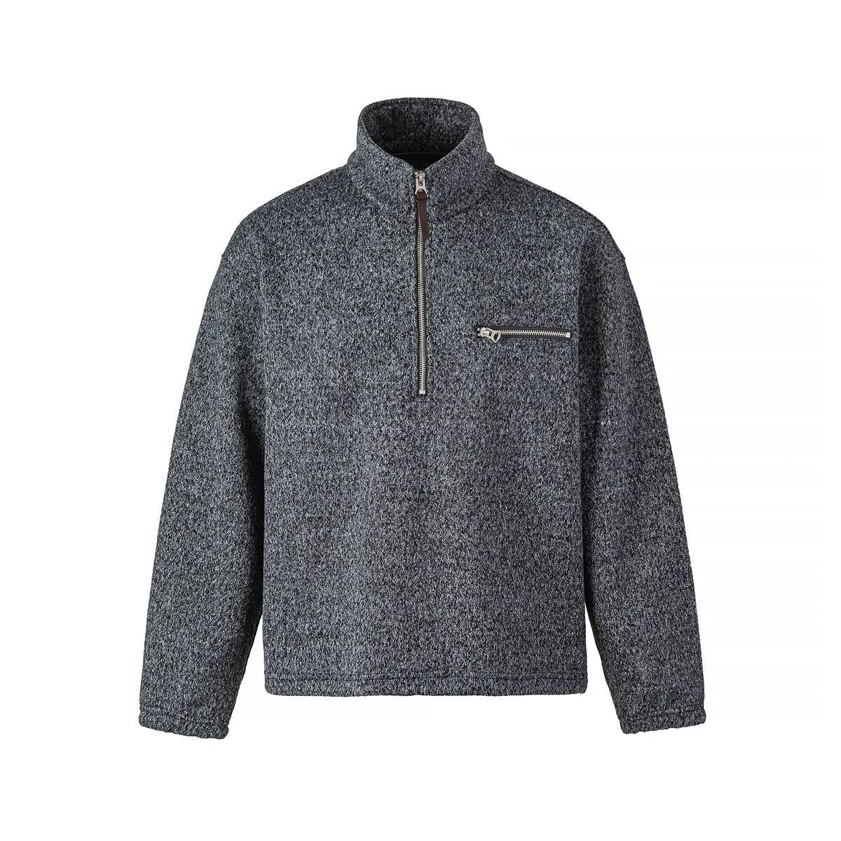Heather gray half-zip stand-collar top with zippered chest pocket and elastic cuffs, front view