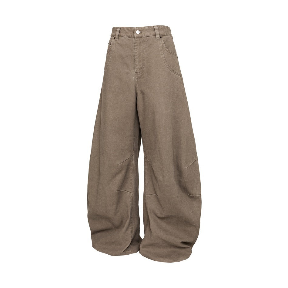 Khaki high-waisted wide-leg barrel pants, flat front view with button closure and curved pockets