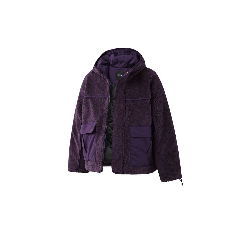 Purple hooded jacket unzipped to show black quilted lining, flap pockets and drawcord cuffs