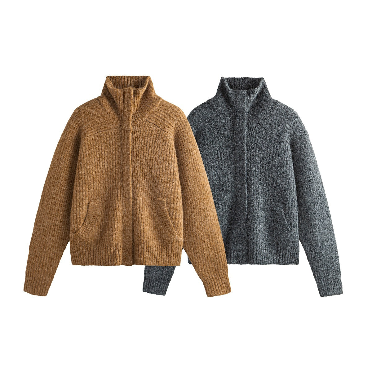 Two front-view high-neck knitted sweaters with long sleeves and front pockets, in camel brown and charcoal gray.