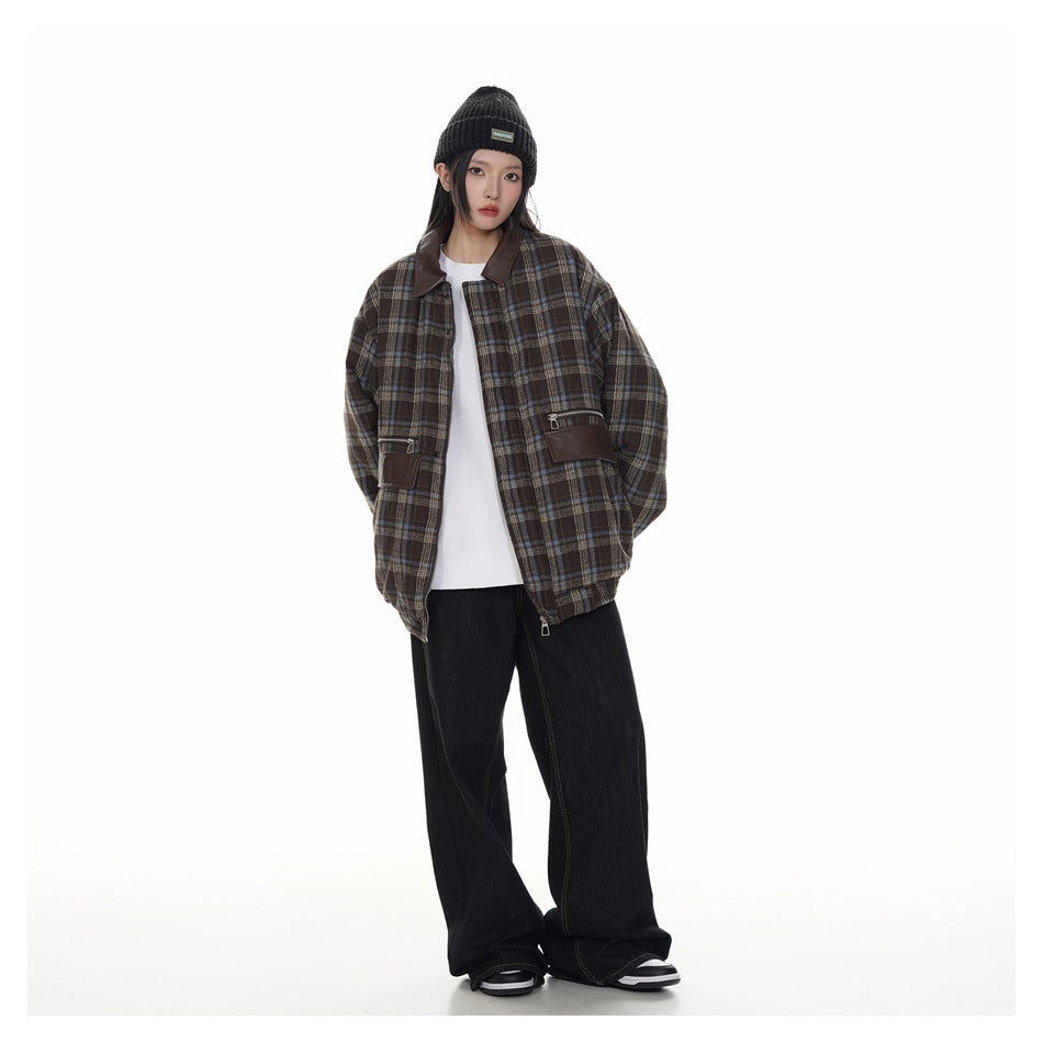 Full-length model wearing an open brown plaid jacket with a dark brown collar, black pants, and a black knit beanie.