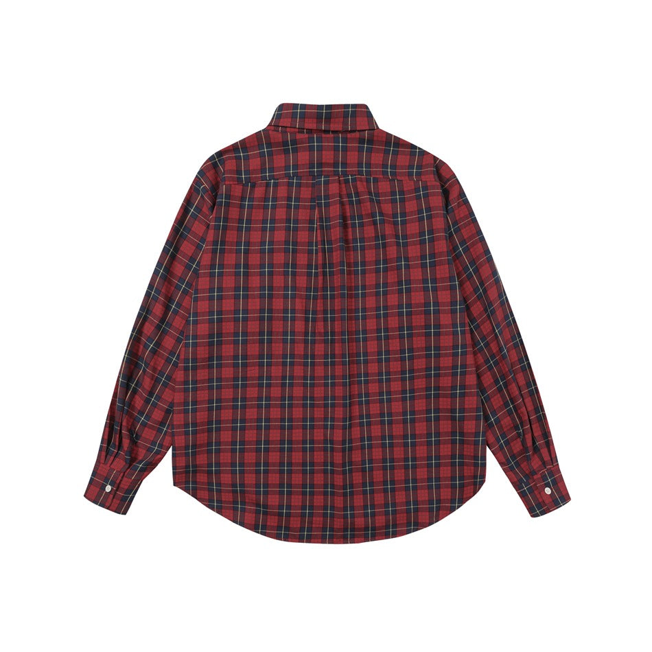 Red plaid long-sleeve shirt, flat back view with yoke and center pleat, on white background