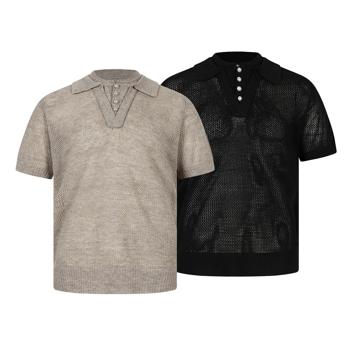 Two short-sleeve open-knit polo shirts, one light beige and one black, with collars and pearl-like buttons.