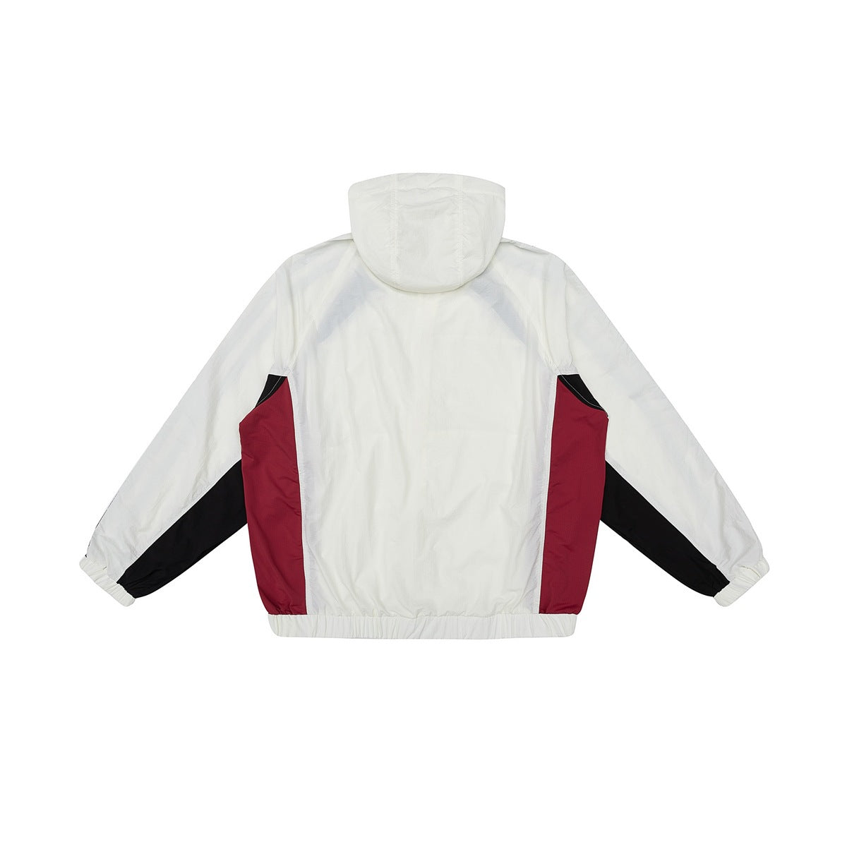 Back view of an ivory hooded jacket with burgundy side panels and black accents on the sleeves.