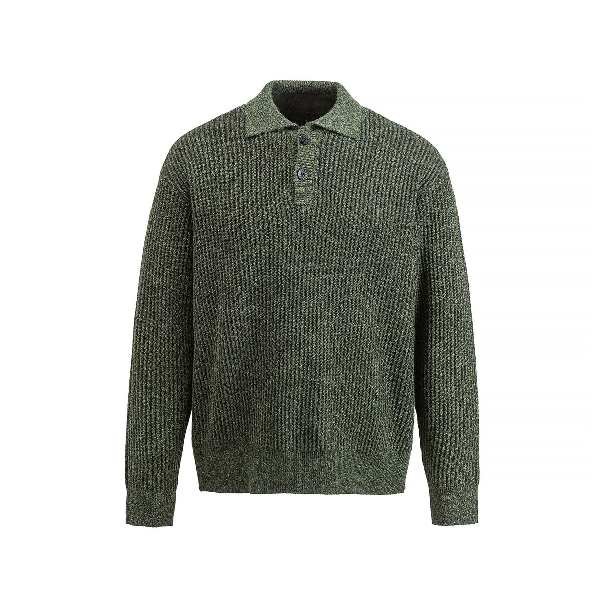Army green ribbed knit polo-collar sweater with two buttons, shown flat from the front
