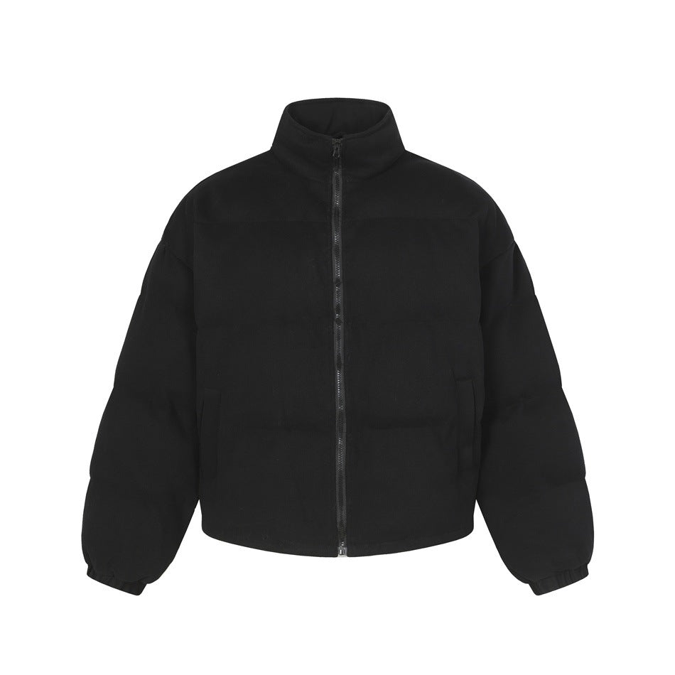 Black cropped puffer-style jacket with stand collar, front zipper and slanted pockets, flat front view